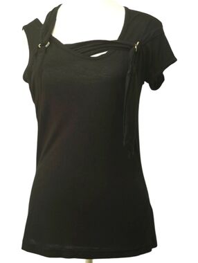 Love Hate Black Cut-Out Neckline Short Sleeve Shirt Women’s M Edgy Minimal Top